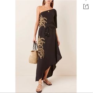 Figue One-Shoulder Black Maxi Dress with Gold Palm Embroidery small